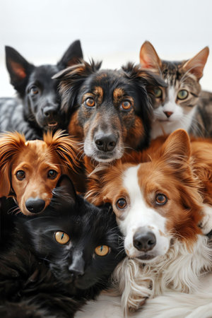 Group of dogs and cats lying together, looking at the camera, white backgroundの素材