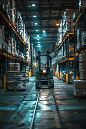 Green forklift in a spacious, welllit warehouse filled with boxes and palletsの素材