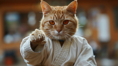 Orange tabby cat dressed in karate uniformの素材