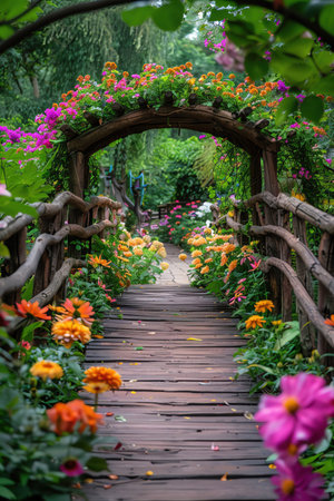 Wooden bridge surrounded by colorful flowers in a gardenの素材