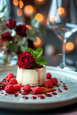 Elegant dessert with a rose garnish, set on a fine dining table with wine glassesの素材