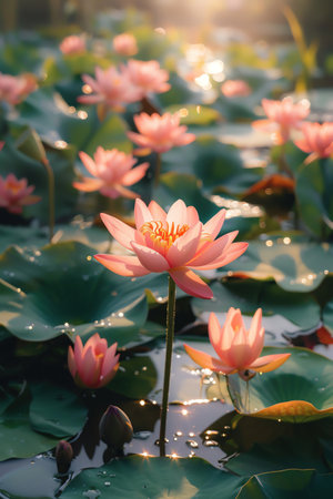Beautiful pink lotus flowers blooming in a serene pond under sunlightの素材