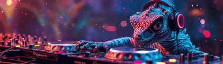 Bluescaled dinosaur DJ with headphones, mixing music in a vibrant, neonlit clubの素材