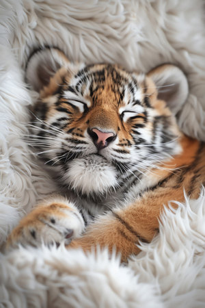 Adorable sleeping tiger cub on a fluffy white blanket, peaceful and cuteの素材
