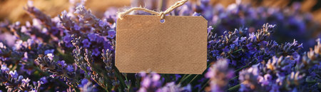 Blank tag on blooming lavender, closeup shot, perfect for personalized messages or labelsの素材