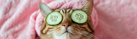 Cat in spa attire with cucumber slices on eyes, pink background, relaxingの素材