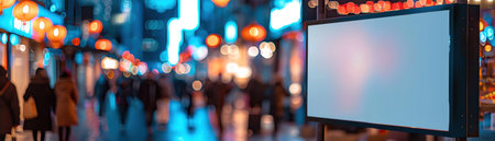 Blank advertisement board in a busy shopping mall, bright lights and blurred backgroundの素材