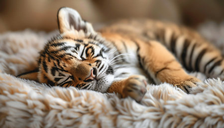 Adorable tiger cub sleeping on a fluffy blanket, peaceful and cozyの素材