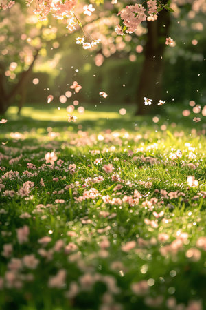 Closeup of cherry blossom tree with petals falling on fresh green grassの素材