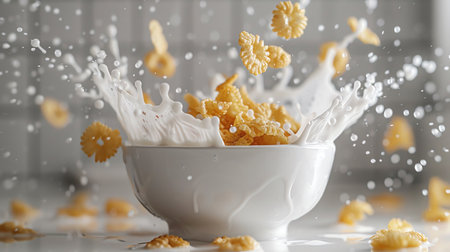 Cornflakes splashing into a white bowl of milk against a white backgroundの素材