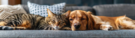 Dog and cat cuddling together on a sofa, closeup, cozy settingの素材