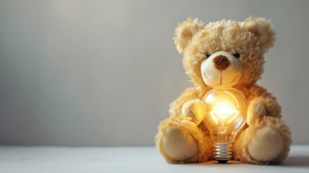 Teddy bear holding a glowing lightbulb, white backgroundの素材