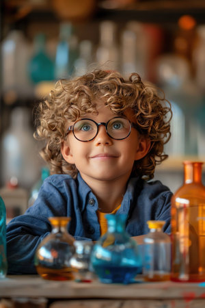 Curious child with curly hair and glasses in a lab, colorful flasksの素材