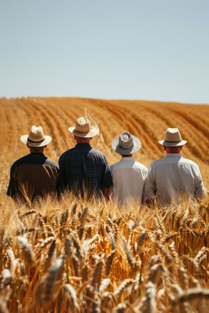 Four farmers standing in a golden wheat field, viewed from behind, under a clear skyの素材