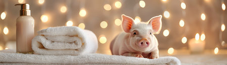 Cute piglet on a white towel with two lotion bottles, soft bokeh lights backgroundの素材