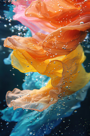 Colorful fabrics underwater, bubbles and ripples, sereneの素材
