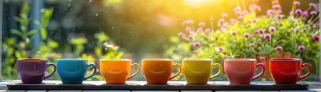 Array of colorful tea cups on a tray, with a garden view through a window in the backgroundの素材