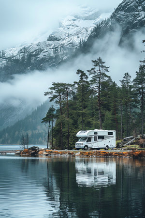 Luxury RV on a lakeside road, mountain background, serene and adventurousの素材