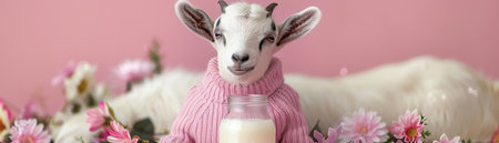 Baby goat in pink sweater next to a milk bottle, pastel background, adorable and cuteの素材