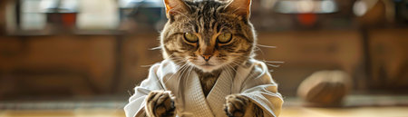 Serious tabby cat in karate outfit ready to fightの素材
