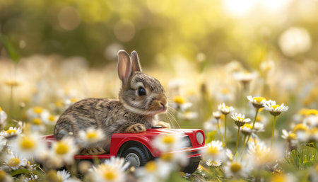 Bunny in a red toy car in a sunny daisy field, whimsical closeupの素材