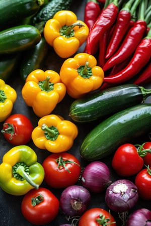 Assortment of colorful vegetables, closeup, bright and vibrantの素材