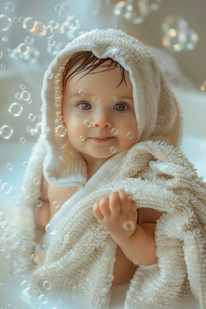 Baby in a bath with bubbles, holding a towel Cute, clean, and cozyの素材