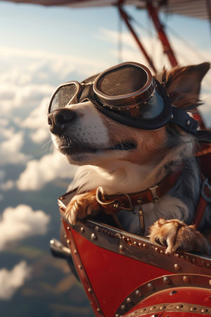 Dog wearing aviator goggles enjoying a biplane ride, sky full of cloudsの素材