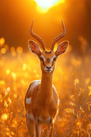 Gazelle standing in a golden field at sunrise Wide angle, warm light, serene atmosphereの素材