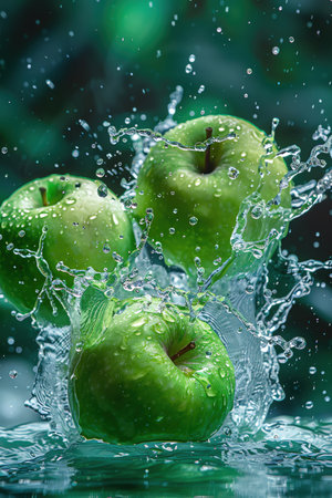 Green apples splashing in water, vibrant green background, dynamic midair captureの素材
