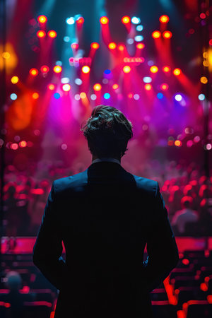 Man in a suit facing a stage, colorful lights, dramatic ambianceの素材