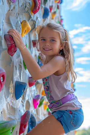 Young girl climbing a colorful indoor rock wall, focused and smiling, urban backdropの素材