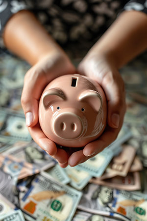 Hands holding a piggy bank over a pile of dollar bills Closeup, financial securityの素材
