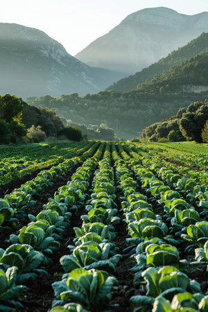 Lush vegetable farm at dawn, rows of greens leading to misty mountains, wide shotの素材