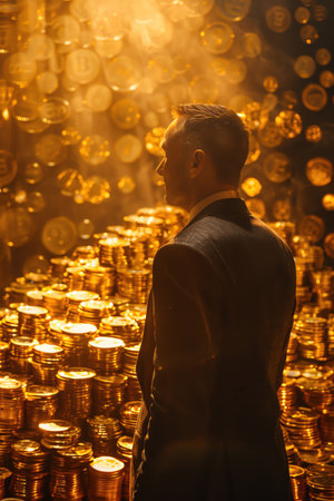 Man in a suit standing before stacks of gold coins, dramatic golden lightの素材