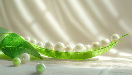 Pea pod with pearls, surreal concept, minimalist backgroundの素材