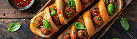 Mini meatball subs with fresh basil on a tray, rustic dark wooden backgroundの素材