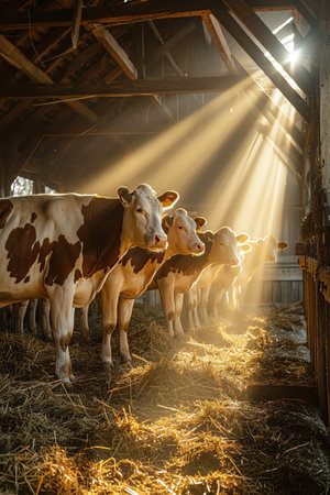 Cows feeding in a sunlit barn, wideangle shot capturing the rustic ambianceの素材