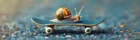 Snail on a skateboard, blue background, whimsical and quirkyの素材