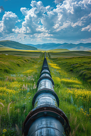 Industrial pipeline network in a grassy field, sunny day, detailed wide shotの素材