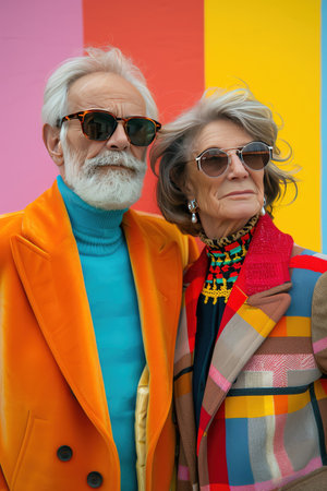 Stylish elderly couple with colorful outfits and sunglasses, rainbow backgroundの素材