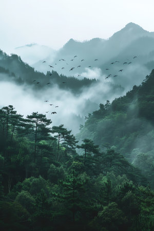 Misty mountain range with birds flying, layered fog creating a serene, mystical atmosphereの素材