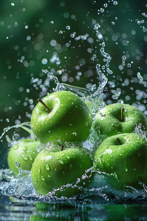 Green apples splashing in water, vibrant green background, dynamic midair captureの素材