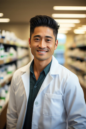 Smiling pharmacist in white coat standing in a wellstocked pharmacy, warm lightingの素材