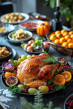 Thanksgiving dinner with roasted turkey and festive dishes, cozy atmosphereの素材