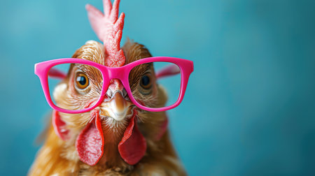 Chicken wearing pink glasses, posing against a blue backgroundの素材