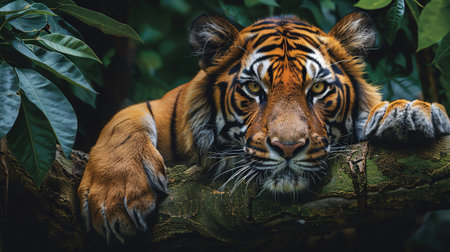 Tiger lounging on a tree branch, vibrant green leaves, focused gazeの素材
