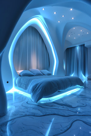 Futuristic bedroom with minimalist design, blue LED lighting, clean linesの素材