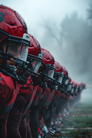 Football players in red helmets, lined up for a snap on a foggy fieldの素材