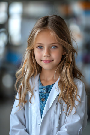 Young girl in lab coat, hospital background, confident poseの素材
